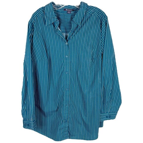 Roamans Plus Size 24W Top Green Striped Button Up Spread Collar Cotton 1528 - Picture 10 of 10